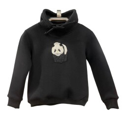 Karamela Dik Yakalı Sweatshirt Panda Nakışlı Siyah