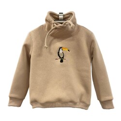 Karamela Dik Yakalı Sweatshirt Tukan Nakışlı Bej