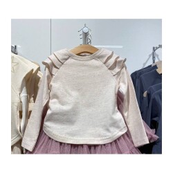 Kız Çocuk Omuzu Fırfırlı Uzun Kollu T-shirt - Karamela