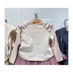 Kız Çocuk Omuzu Fırfırlı Uzun Kollu T-shirt - Thumbnail