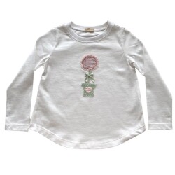 Kız Çocuk Uzun Kollu T-shirt Saksıda Çiçek Desenli Ekru