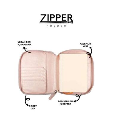 Vj Zipper Organizer Defter 10 x 14 Cm 120 Gr 80 Yap Çizgili 123-0296 Rose Gold - 2